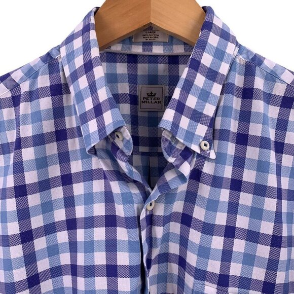 PETER MILLAR Blue and White Plaid Cotton Short Sleeve Shirt Size Large - Picture 3 of 5